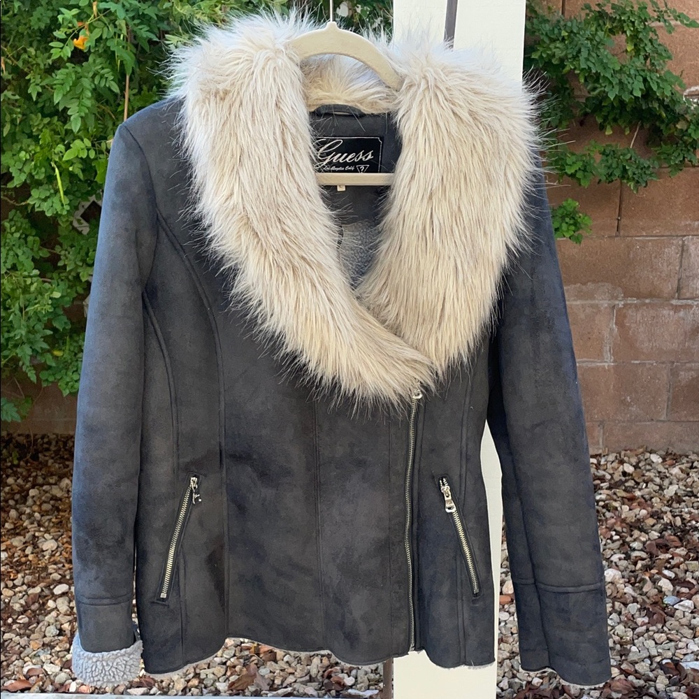 Guess Women's Charcoal Jacket with Cream Faux Fur Collar